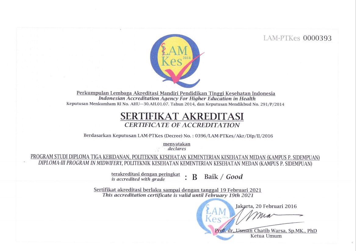 Sertifikat Akreditasi Prodi D-III Kebidanan P. Sidimpuan yang dikeluarkan oleh LAMPTKes